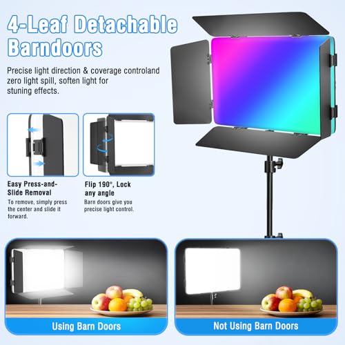 2 Pack RGB LED Video Light with Barndoor, 2500K-8500K CRI 98+ Dimmable Bi-Color LED Studio Light Panel, 12 Effects Photography Lighting Kit for Video Recording Shooting Live Streaming Podcast