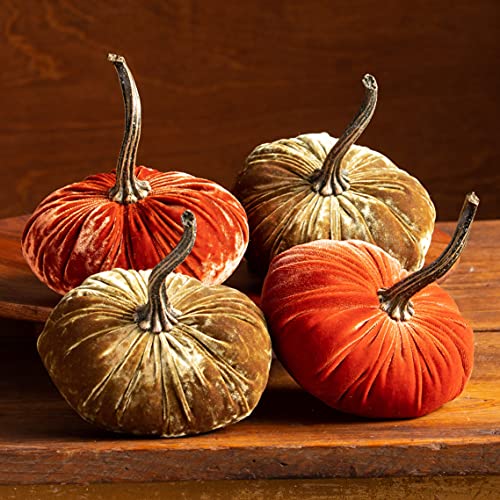 Set of 4 Small Velvet Pumpkins, elegant luxe gift set for new apartment, Thanksgiving centerpiece, bowl filler for fall decor, cozy autumn vibe, pumpkin spice (2 Luxe Brass, Luxe Burnt Orange, Rust) - color: 2 Luxe Brass, Luxe Burnt Orange, Rust