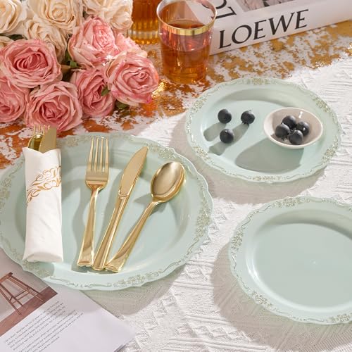 Fijinhom175 PCS Green Disposable Plates, Elegant Dinnerware Set for 25 Guests, 50 Plastic Plates, 75 Silverware, 25 Cups & 25 Paper Napkins, Green - color: Green Gold Pattern, size: 25 Guests-175pcs