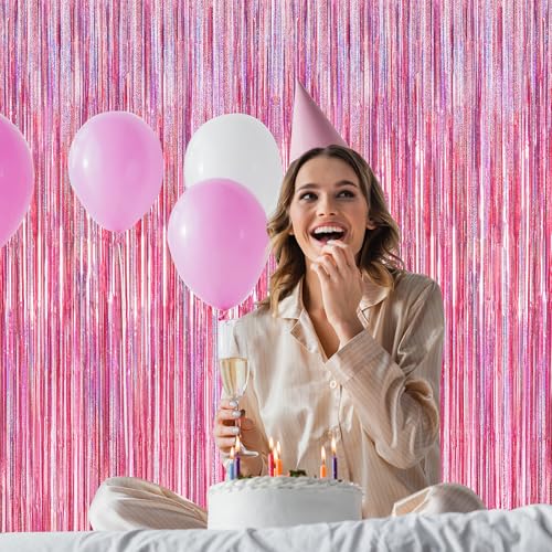 2 Pack Glitter Pink Backdrop, 3.28 FT x 7.05 FT Birthday Party Decorations, Laser Pink Fringe Curtains Foil Streamer Tinsel, Pink Curtains Photo Backdrop Happy Birthday Valentines Day Backdrop - color: Glitter pink, size: 2 PCS