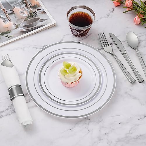 Goodluck 100 Pack Pre Rolled Silver Plastic Silverware, Wrapped Plastic Cutlery Set with Napkin Include 100 Forks, 100 Knives, 100 Spoons and 100 Napkins, Disposable Silverware for Party, Wedding - size: 100pc, style: Silver