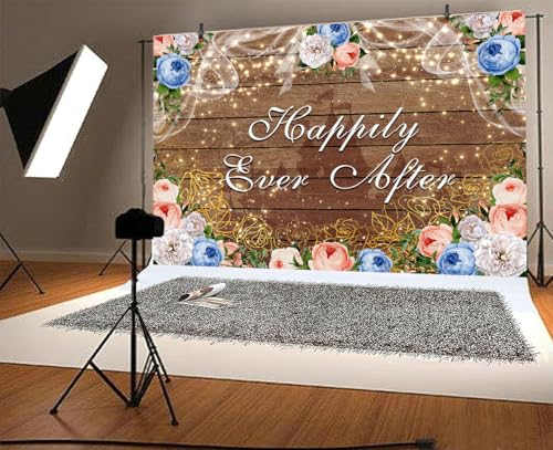 5 x 3 ft Happily Ever After Backdrop Castle Princess Boho Wood Floral Wedding Party Background White Blue Golden Rose Bridal Shower Retirement Party Decorations Banner Photo Props - color: Brown Blue, size: 5x3ft