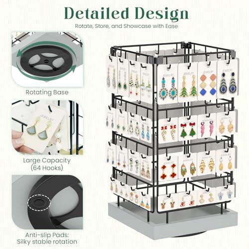 EsLuker.ly Rotating Earring Display Holder Stand for Vendors Events Selling, Large Capacity 64 Hooks Jewelry Rack with Wooden Base for Earring Card Sales, Enhances Retail Visibility (Light Grey) - color: Light Grey+Black