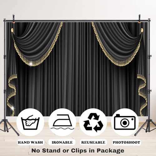 Fabric 10x8ft Black Curtain Backdrop for Photography Luxury Theater Stage Golden Tassel Curtain Background VIP Events Graduation Prom Wedding Ceremony Photo Shoot Decor Props - size: 10x8ft(WxH)