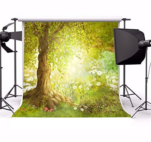 AOFOTO 7x7ft Enchanted Forest Photography Backdrop Spring Meadow Landscape with Daisies Flowers Sunlit Tree Background Nature Wildflowers Garden Scene Fairy Tale Theme Kids Baby Photo Shoot Props - size: 7x7ft