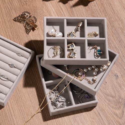 Frebeauty Stackable Jewelry Trays,Small Jewelry Organizer for Drawer,7 Slots Velvet Ring Organizer for Women,4.92 x 3.74 x 0.9 Inches(Set 2,White) - color: White, size: 7 Slots Set 2