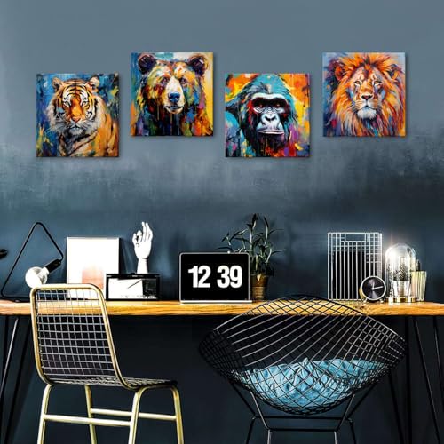 Abstract Bear Canvas Wall Art Colorful Tiger Lion Chimpanzees Picture Man Kids Bedroom Wall Decor Street Pop Graffiti Framed Canvas Prints Artwork for Living Room Toddler Room Home Decoration 16x16" 4P - color: Graffiti Animal, size: 16"l X 16"w