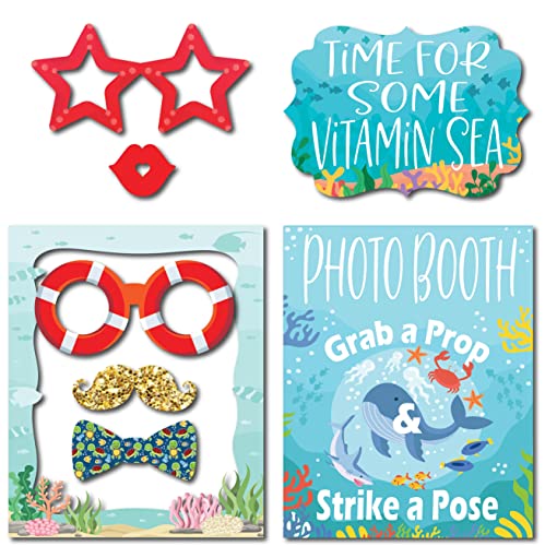 Under The Sea Photo Booth Props - 41-pc Photobooth Kit with 8 x 10-Inch Sign, 60 Adhesive Pads, 45 Sticks - Under The Sea Decorations - Under The Sea Party Decorations