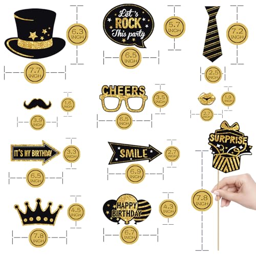 JOJO FLY 36 Pcs Birthday Photo Booth Props Kit, Black and Gold Party Favors, Happy Birthday Party Decorations, Photobooth Holiday Selfie Supplies
