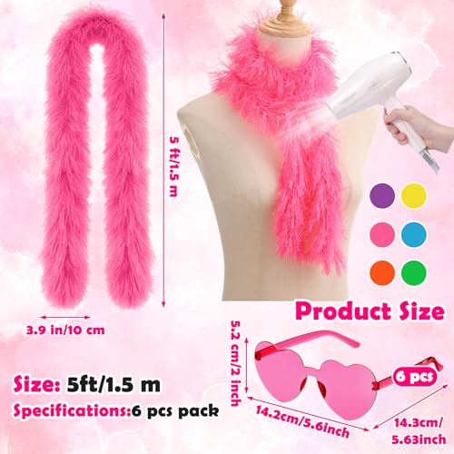 18 Pcs/6 Set Feather Boas Party Pack Include Fluffy Artificial Feather Boas Heart Sunglasses and Cowgirl Hats Bachelorette Accessories Neon Photo Props for Birthday Wedding Costume Parties