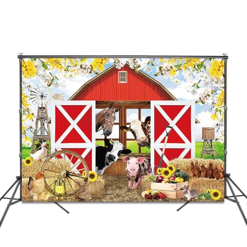Spring Farm House Photography Backdrop 10x7ft Animals Red Rustic Barn Birthday Background Party Decorations for Kids Farm Theme Baby Shower Banner Photo Booth Props - size: 10x7ft