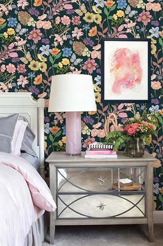 EchoSphere 16.9" x118" Dark Vintage Peel and Stick Wallpaper Floral Butterfly Removable Wallpaper Boho Botanical Contact Paper Leaf Self Adhesive Wall Paper for Walls Cabinets DIY Decor - color: Dark, size: 16.9" x 118"