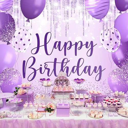 Riyidecor Purple Happy Birthday Backdrop Balloon Modern Luxury Sparkle Fluid Lights 7Wx5H Feet Polyester Fabric Sparkle Bokeh Dots Photography Background Bday Table Decor Banner Studio Photo Shoot - color: E 01 Purple, size: 7Wx5H