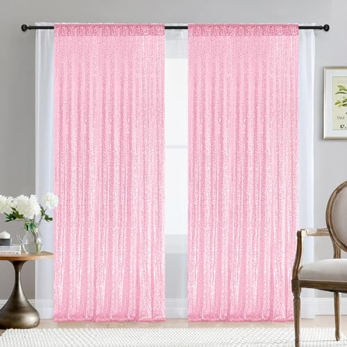 2×8FT-2PCS Pink Sequin Backdrop Curtains Panels, Photography Backdrop Glitter Curtains Fabric Background for Christmas Wedding Party Decor - color: Pink, size: 2X8FT-2PCS