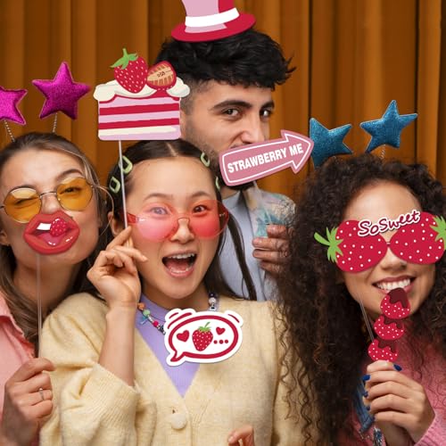 Strawberry Photo Booth Props, 24 Pieces with Sticks, Berry Sweet Theme Selfie Props, Summer Fruit Birthday Party Supplies, Photography Backdrop Decorations