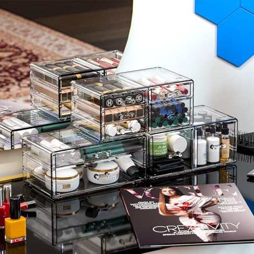 Cq acrylic Clear Stackable Storage Drawers,Plastic Makeup Organizer and Bathroom Storage Bins WIth 9 Drawers For Make up,Medicine,Craft,Pen,Beauty and Office Supply Organizer - size: Large 9 Drawers