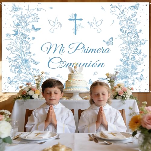 MEHOFOND 8x6ft Mi Primera Comunión Backdrop Vintage Floral Baptism Decorations Blue Flower First Holy Communion Photography Background God Bless Christening Party Backdrop Banner Photo Booth Props - color: Blue, size: 8x6ft