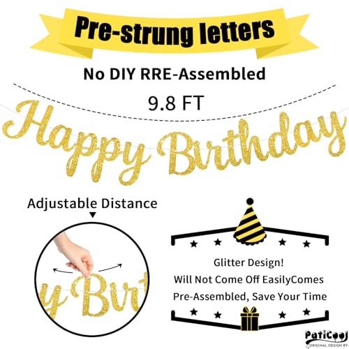 Gold Happy Birthday Banner, Pre-Strung Glitter Gold Birthday Sign, 10 Feet, NO DIY, Happy Birthday Garland for Women Men Birthday Party Decorations Supplies - color: Gold