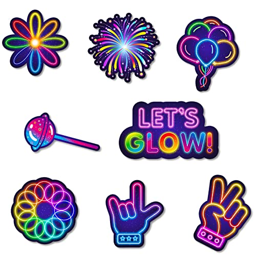 25pcs Glow Neon Photo Booth Props with Stick, Photo Props for Birthday Let's Glow Themed Neon Glow in The Dark Disco Black Light Party Decoration Supplies