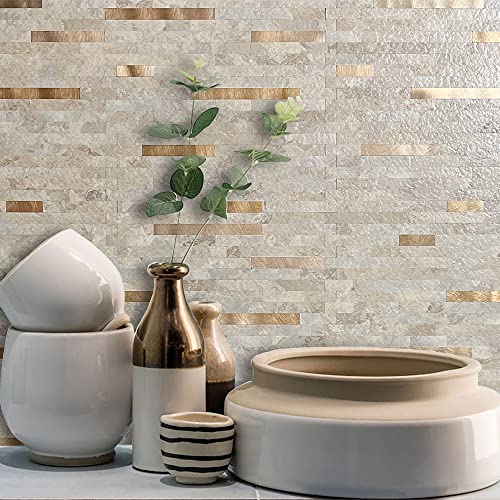 AULIGET Faux Stone Peel and Stick Backsplash, Beige Marble Look PVC Wall Tiles Stick on Backsplash, 2 - color: Stone Beige + Metal Copper, size: 2 Sheets, 6"x12"x0.12"