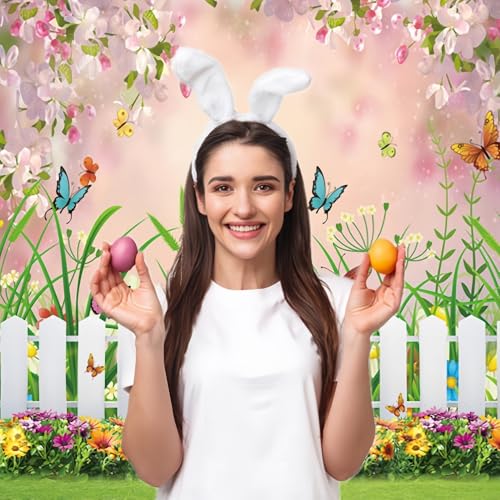 INRUI Spring Easter Garden Photography Backdrop Green Grass Lawn Floral Butterfly Fence Baby Shower Birthday Party Decorations Banner (5x7FT) - size: 5x7FT