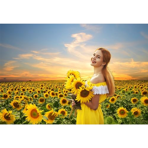 12x10ft Vinyl Sunflowers Field Backdrops for Photography Background Summer Landscape Sunset Blue Sky Outdoor Holiday Party Backdrop Children Adults Portraits Photo Studio - size: 12x10ft