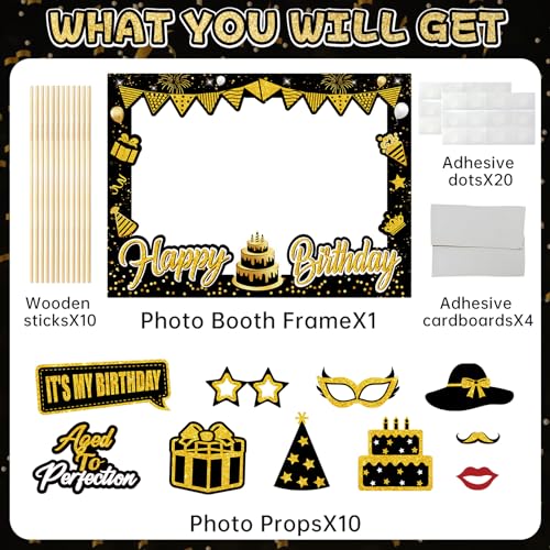 Turypaty Birthday Party Decorations for Boys & Girls - Black & Gold Photo Booth Props & Selfie Frame Set