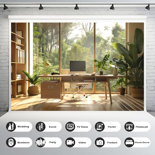 Office Background for Video Conference Modern Cozy Home Office Space Work Place Backdrop Sunlight Indoor Plants Tranquil Work Environment for Live Video Zoom Calls Studio Props Decor 5x3ft - color: Warm Green, size: 5x3ft