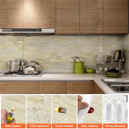 20 Sheets Polished Marble Beige PVC Subway Tiles Peel and Stick Backsplash,12''Heat Resistant Stick on Tiles for Kitchen,Waterproof Peel and Stick Wall Tiles for Bathrrom - color: Polished Marble Beige