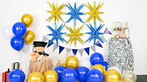 Blue Gold Star Balloons, 22 Inch Blue and Gold Foil Explosion Star Balloons, Large Cone Spike Balloon for Birthday Graduation Wedding Anniversary New Year Party Backdrop Decorations - color: Dark Blue Gold