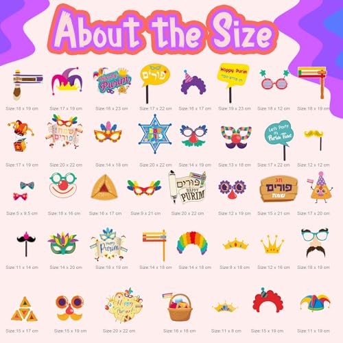 40 Pcs Happy Purim Decorations Photo Booth Props, Funny Jewish Holiday Selfie Props with Sticks Hamantaschen Signs for Purim Masquerade Celebration Party Supplies
