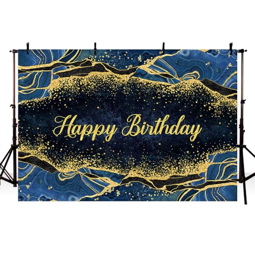 MEHOFOND 7x5ft Happy Birthday Backdrop Navy Blue Birthday Party Decorations with Marble Gold Gliter Photography Background 40th 50th 60th Party Banner Decorations Photo Studio Props - color: Blue