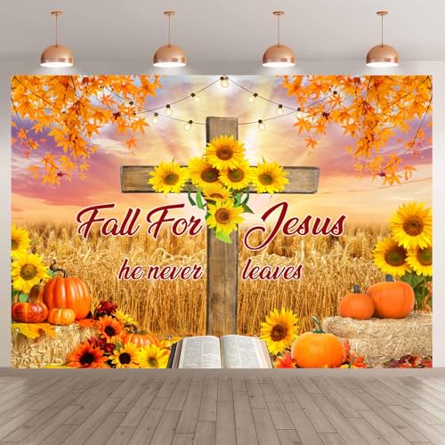 deFouliao Fall Backdrop Autumn Harvest Thanksgiving Maple Leaves Pumpkins Wooden Cross with Sunflower Background Banner Thanksgiving Party Supplies Photo Booth Props, 10x6.5ft - color: Yellow, size: 10x6.5ft