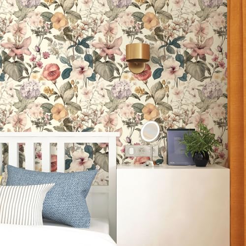 Jeweluck Floral Wallpaper Peel and Stick Vintage Floral Contact Paper Peel and Stick 16.9”x393.7” Poppy Flower Wallpaper Boho Leaf Removable Self Adhesive Wall Paper for Cabinets Bedroom Decorative - color: A Floral, size: 16.9inch×393.7inch