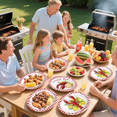 Grencian 50 Pcs Crawfish Boil Party Supplies 10” x 12” Lobster Boil Oval Paper Plates Large Disposable Crawfish Red Gingham Tableware Set for Baby Shower BBQ Summer Picnic Barbecue Cookout Carnival - style: 50Pcs Crawfish Oval Plates