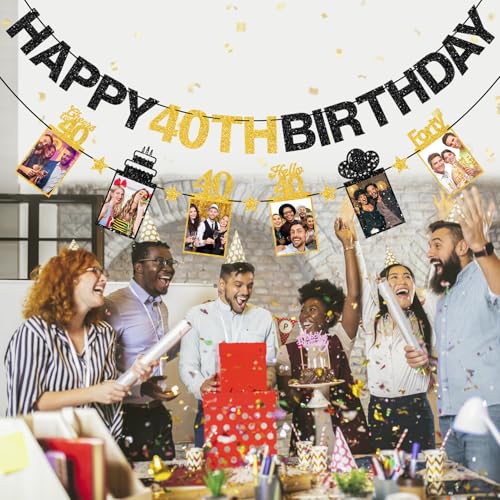 Guiruiy Pre-strung Happy 40th Birthday Photo Banner Decorations for Men Women, Black Gold Glitter Hello 40 Birthday Photo Hanging Banner Party Supplies, Cheers to 40 Years Old Bday Sign - style: Black Gold 40th