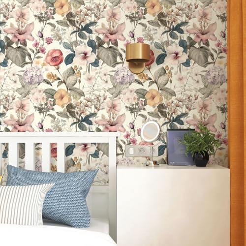 Jeweluck Floral Wallpaper Peel and Stick Vintage Floral Contact Paper Peel and Stick 16.9”x196.8” Poppy Flower Wallpaper Boho Leaf Removable Self Adhesive Wall Paper for Cabinets Bedroom Decorative - color: A Floral, size: 16.9inch×196.8inch