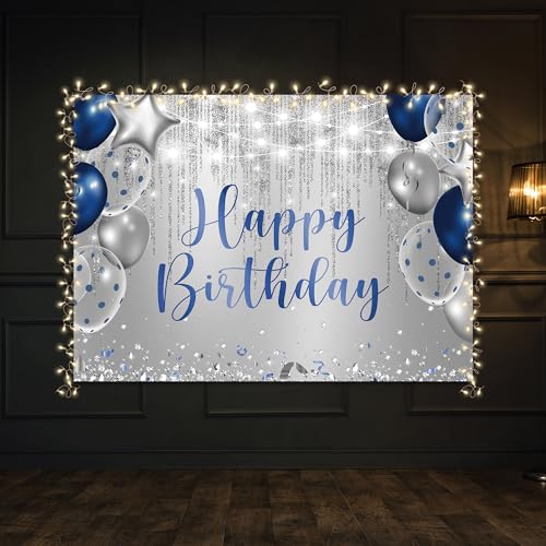 Riyidecor Royal Navy Blue Silver Happy Birthday Backdrop Balloon Diamond Sparkle Fluid Lights 5Wx3H Feet Polyester Fabric for Man Boys Photography Background Bday Table Decor Banner Studio Photo Shoot - color: A 01 Blue, size: 5Wx3H
