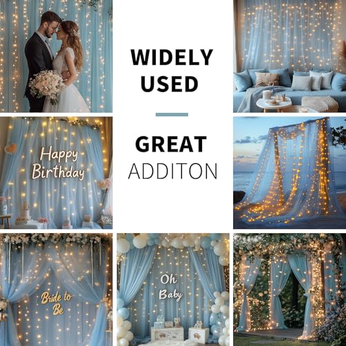 Baby Blue Tulle Backdrop Curtain with Lights - 10x8ft Sheer Backdrop with 250 LEDs for Wedding, Baby Shower, Bridal Shower, Birthday Party Photo Shoot Background and Home Decorations - color: Baby Blue, size: 10 x 8 Feet