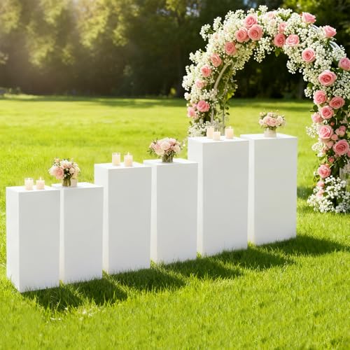 6PCS Square Display Pedestal Stands for Parties, Metal Display Stand Plinth Pillars Tall Pedestals Cake Stands for Wedding Birthday Art Decor Risers (White) - color: White