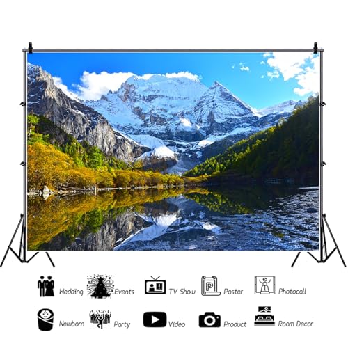 5x3ft Mountain Backdrop Natural Landscape Snow Mountain Lake Green Trees Forest Photography Background Adventure Themed Party Decorations Kids Adults Outdoor Portraits Photo Studio Props - color: Mountain-6, size: 5x3ft