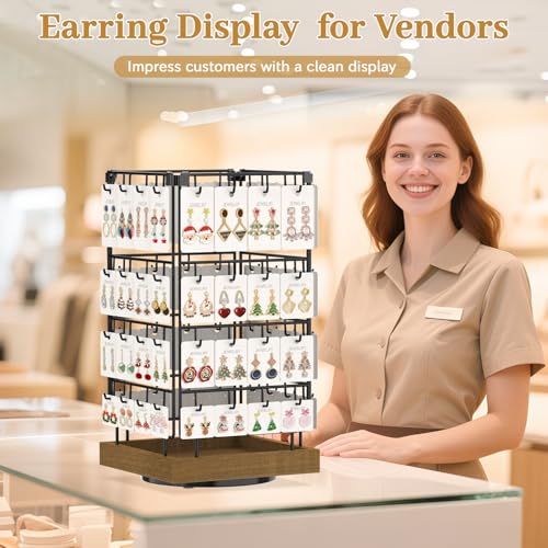 MODOWEY 360 Rotating Earring Cards Organizer Holder Stands for Selling Vendors, 64 Hooks Jewelry Display Tree, Large Capacity Storage Wood Rack Tower Women Dresser Stud Pierced, Brown - color: Brown