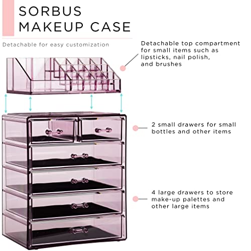 Sorbus Acrylic Makeup Organizer Set, 6-Drawer Vanity & Countertop Cosmetic Storage with Small & Wide Compartments, Purple Makeup Storage for Brushes, Jewelry – Holiday Gift for Women & Teens - color: Purple, size: 4 Large, 2 Small Drawers