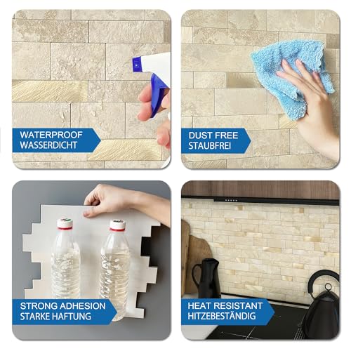 Backsplash Tile for Kitchen Peel and Stick Stone Matte Finish,Bathroom Tiles Stickers 3D Wall Panel Linear Mosaic Marble Backsplash Waterproof(10sheets,Beige Gold) - color: Beige Gold, size: 10sheets
