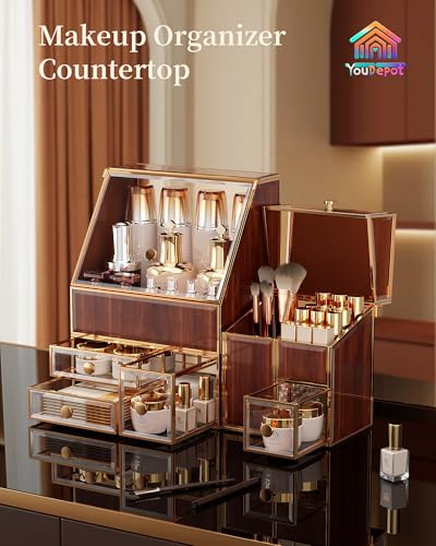Youdepot Glass Makeup Storage for Vanity and Bathroom Countertop – Large Cosmetic Display Case and Skincare Storage Solution - color: golden yellow