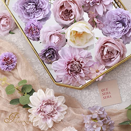 Floweroyal Artificial Flowers Combo Purple Flowers Mix Silk Flowers Dahlia Roses with Stems for DIY Wedding Bridal Bouquets, Baby Shower, Floral Arrangement, Table Centerpieces, Home Decorations. - color: Purple