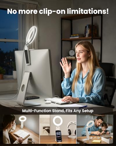 Ring Light for Laptop Desk Clip On,Small Computer Video Conference Lighting with Stand for Phone/Webcam/Monitor,5" Portable Mini LED Selfie Light Desktop for Zoom Meeting/Video Call/Recording(White) - size: 1Pack-White