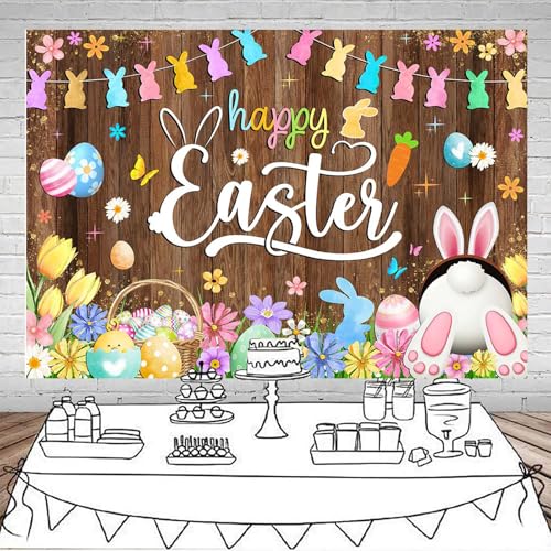 Mocsicka Spring Happy Easter Backdrop Easter Rustic Wooden Wall Photo Banner Colorful Bunny Rabbit Easter Eggs Floral Grass Easter Party Decorations Background Photo Booth Props (10x8ft (120x96 inch)) - size: 10x8ft (120x96 inch)