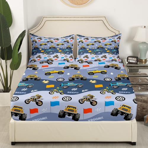 Cartoon Car Kids Fitted Sheet Full Size,Motorcycle Off-Road Vehicle Race Car Flag Bedding Set,Boys Men Room Decor,Extreme Sport Game Country Vehicle Grey Bed Cover,2 Pillowcases(No Flat Sheet) - color: Blue Grey, size: FULL (W54*L75*H16")