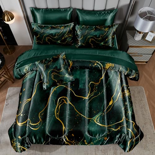 Green Marble Comforter Sets Queen Silky Satin Bedding Emerald Green Gold Marble Stone Texture Silk Like Abstract Bed in A Bag with Comforter and Sheet Set - color: Green-01, size: Queen